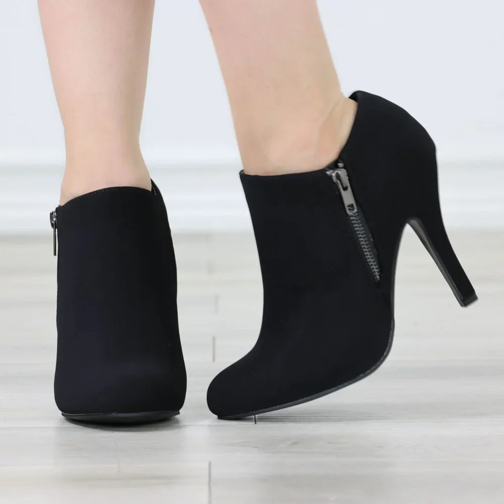 Women's Boots Heeled Ankle Booties Black Velvet Round Toe Stiletto High Heel - Picture 4 of 11